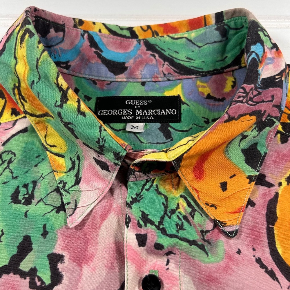 VTG 90s GUESS Georges Marciano Abstract Fruit Art Shirt Mens M Rayon Made in USA